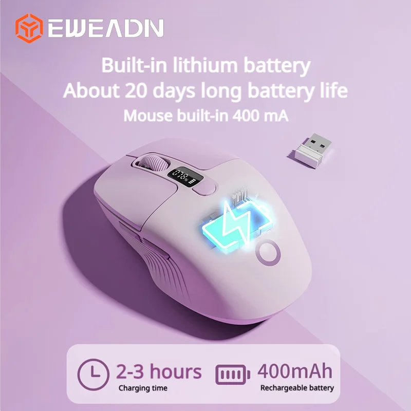 EWEADN Q1 Dual Mode Wireless Mouse LCD Display Silent Click Rechargeable 3-Speed DPI Ergonomic Mice for PC/Mac/iPad