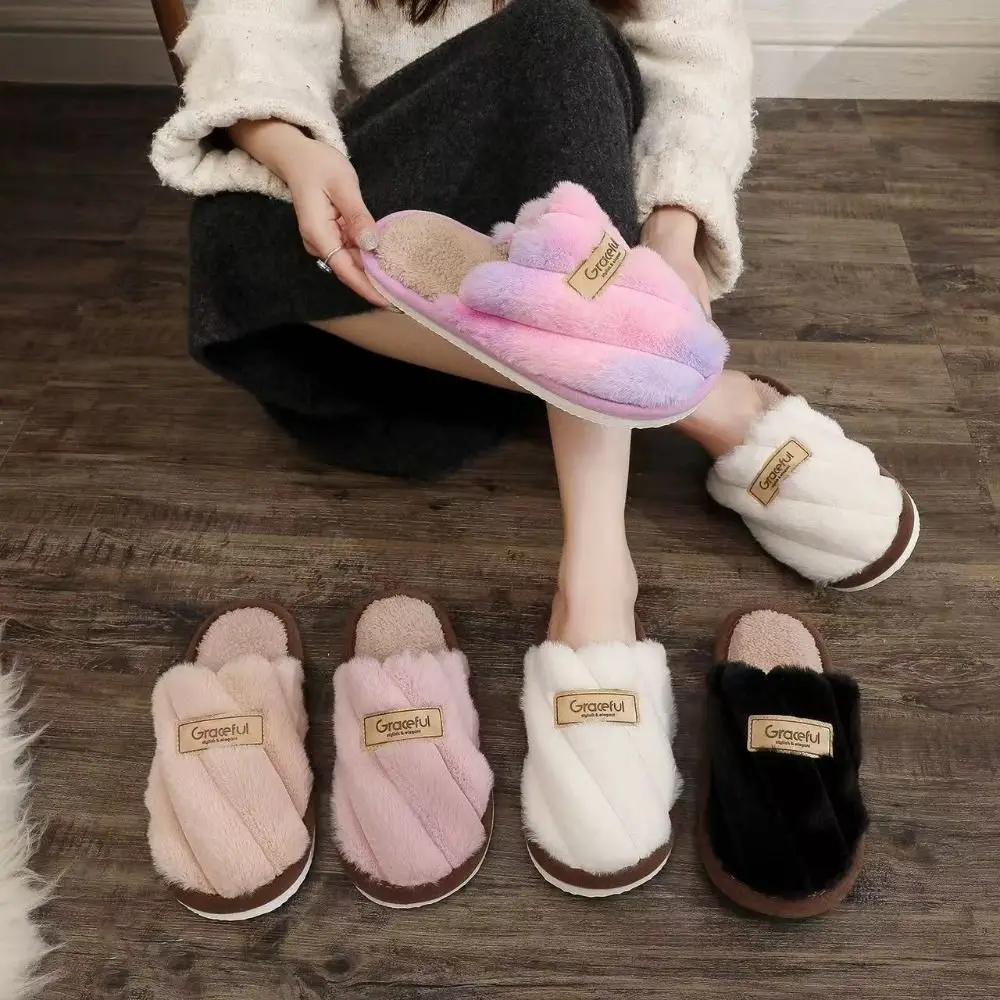 

Durable Stripe Slippers Non-Slip Thicken Warm Soft Home Slippers Casual Fluffy Fleece Slippers Dormitory