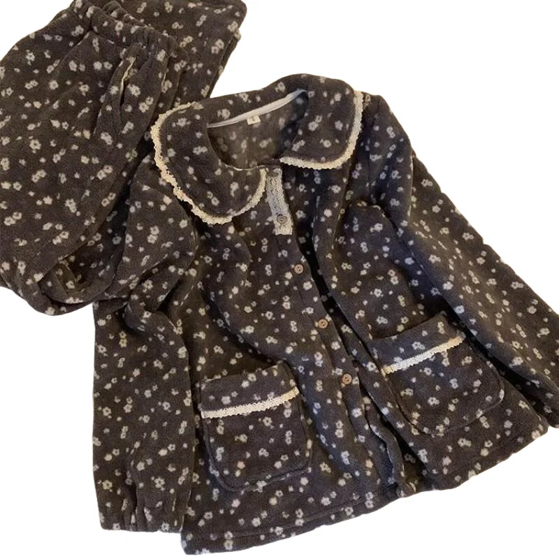 

Girl Homewear Women's Pajama Set Japanese Sweet Floral Cardigan Coral Fleece Sleepwear Cozy Thick 2025 Two Piece Loungewear Set