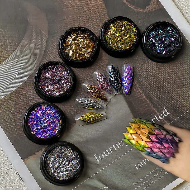 6 Potten 0.7g Sparkly Diamond Nail Pailletten 3D Rhombic Dragon Schaal Glitter Vlokken Nail Art Supply Flash Pailletten Voor nagels Decoratie