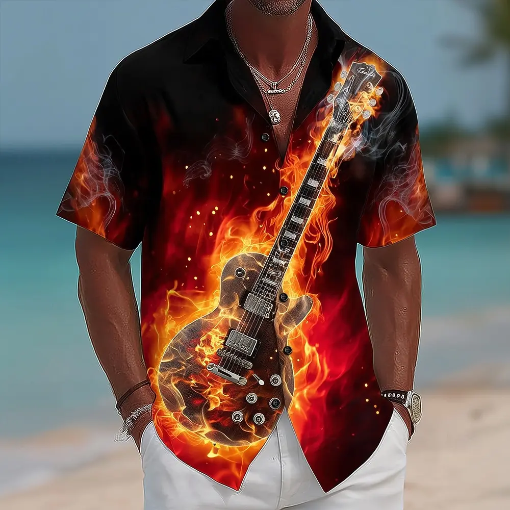 

Men's Retro Guitar Fire Musical Instrument 3D Print Short Sleeve Shirt Cuban Camp Collar for Holiday and Spring Summer Wear