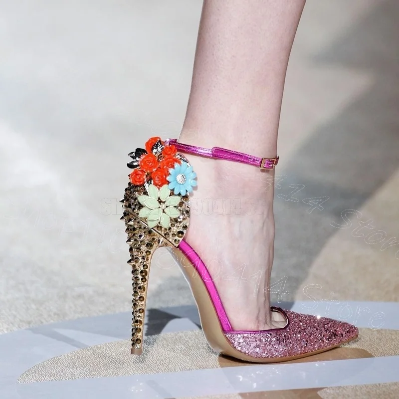 

Metal Spikes Appliques Sequins Pointed Toe Pumps Buckle Strap Women Shoes Thin High Heels Party Runway 2025 Zapatos Para Mujere