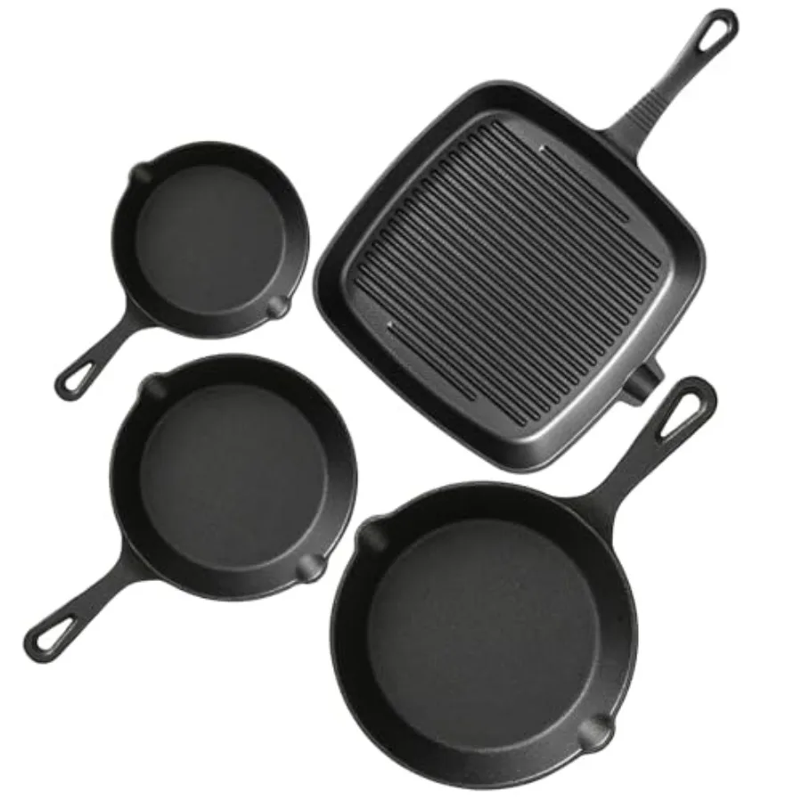 Pre-Seasoned Cast Iron Skillets, 4-Piece Durable Cookware Set in Black with Heat-Resistant Handle Covers for Grill, BBQ, Campin