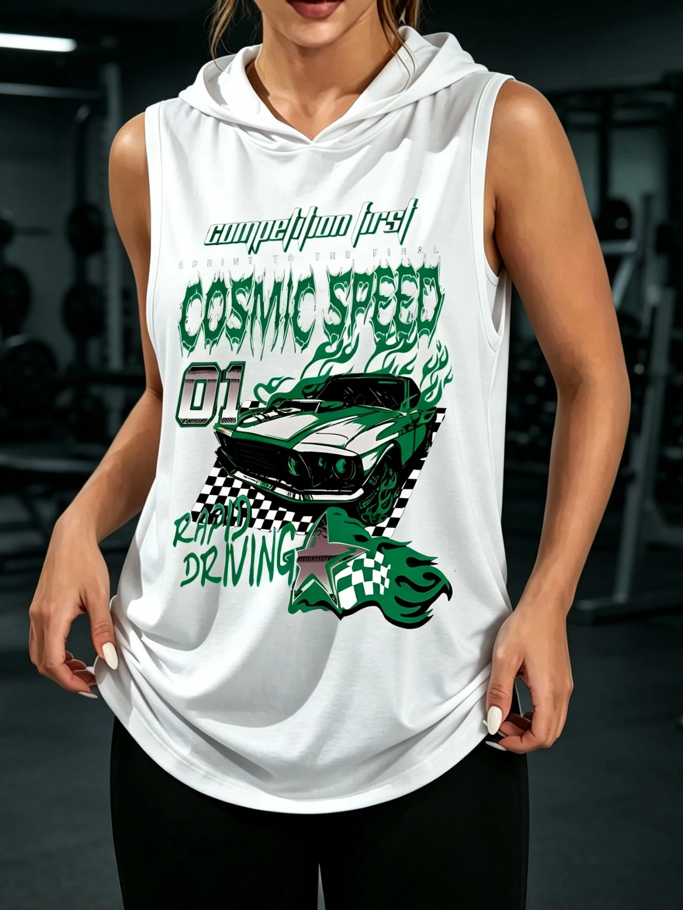 Cosmic Speed Racing Car Graphic Sleeveless Hooded Tank Top Unisex Retro Motorsport Flame Checkered Flag Print Hood Vest Streetwear Sleeveless Hood Tank For Men Women