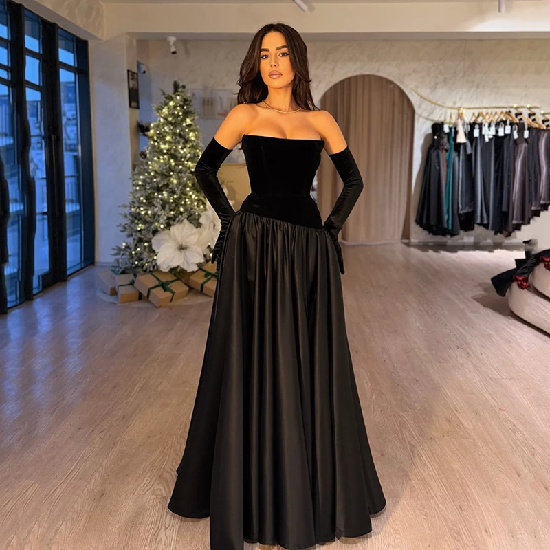 Thinyfull noir a-ligne robes de soirée de bal arabie saoudite gants sans bretelles robe de soirée femmes nuit Cocktail robe de bal personnalisé