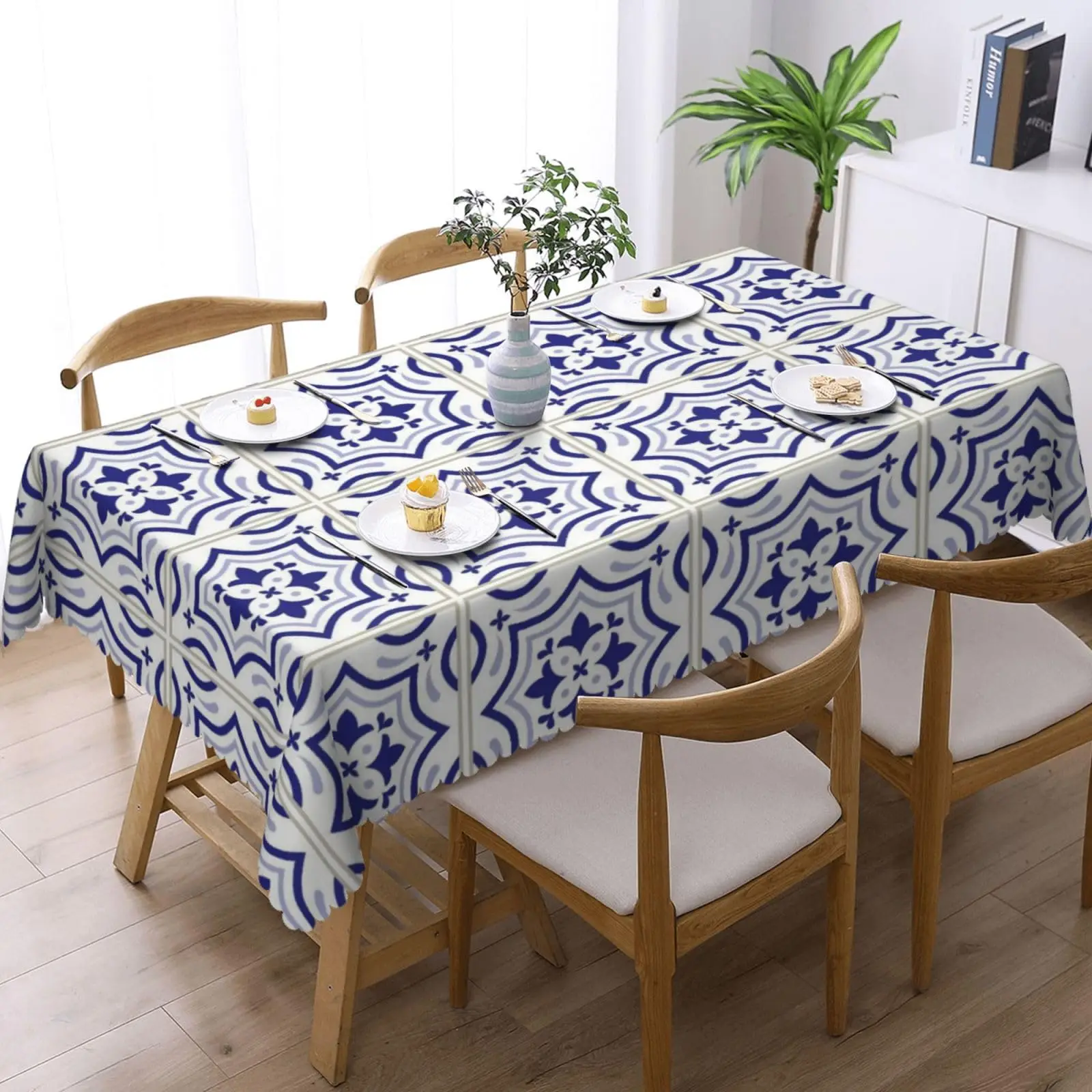 Geometric Tiles Tablecloth  Traditional Retro Mosaic Violet Blue Rectangle Table Cloth Rectangular Washable Table Cover for Part