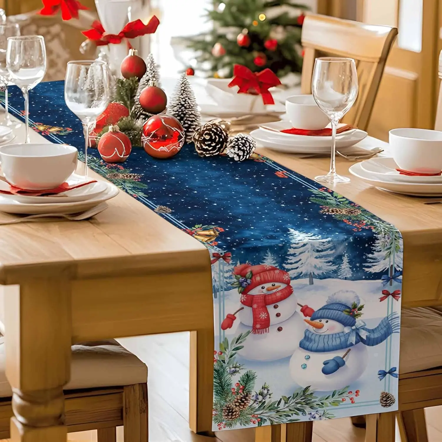 Christmas Snowman Pine Tree Linen Table Runner Party Decor Winter Xmas Pinecone Berry Dining Table Runners Christmas Decoration