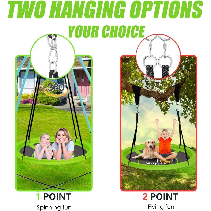 43 "จานรอง Swing สําหรับกลางแจ้งทนทานผ้า Textilene เหล็กชุบสังกะสีกรอบ 600lbs ความจุปรับเชือกสีเขียว