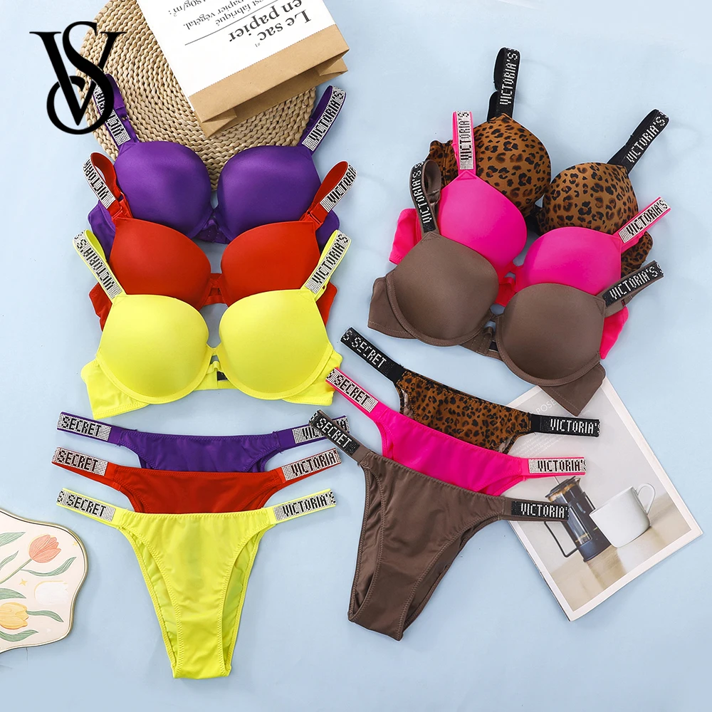 Image of Victoria Secret Sexy Damenunterwäsche, sehr sexy, mit Logo, glänzenden Trägern, Push-up-BH, glänzender String-Slip, heißes Set.