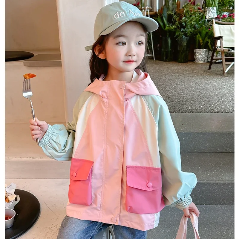 2-8Y Spring Autumn Girls Coat Fashion Splicing Style Flip Collar Zipper Hoodies Sweatshirt For Kids Children Sport Outerwear