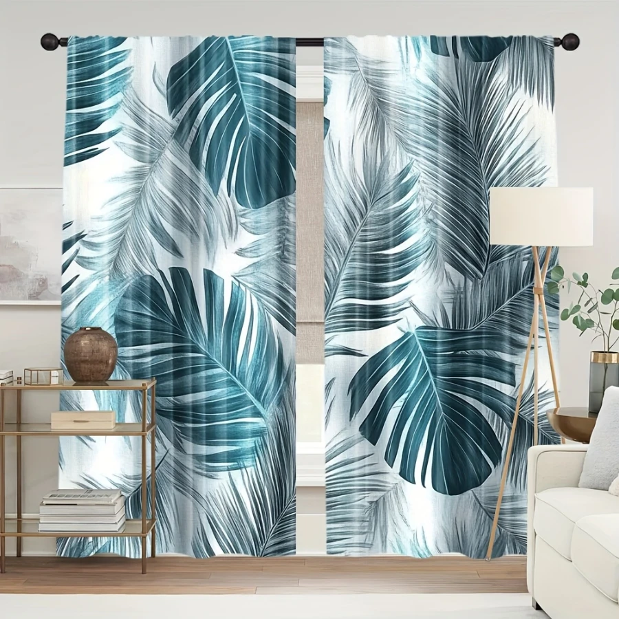 2PCS Digital Print Curtains, Blue Toned Palm Leaves, Cool Tropical Botanical Decor Monochrome Plant Summer Living Room Drapes