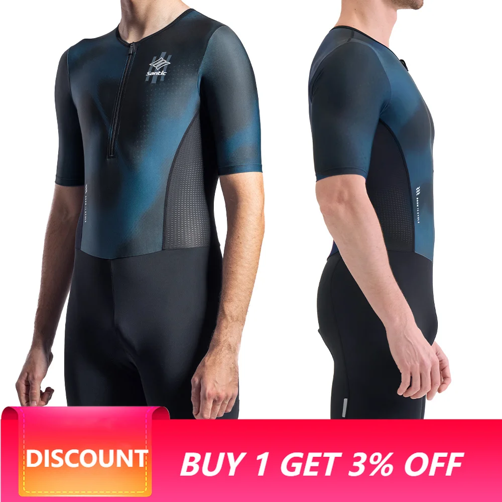 Santic Men's Short Sleeve Triathlon Skinsuit Breathable Elastic Cycling Jumpsuit With 80KG High Density Cushion Pad KM26C03030