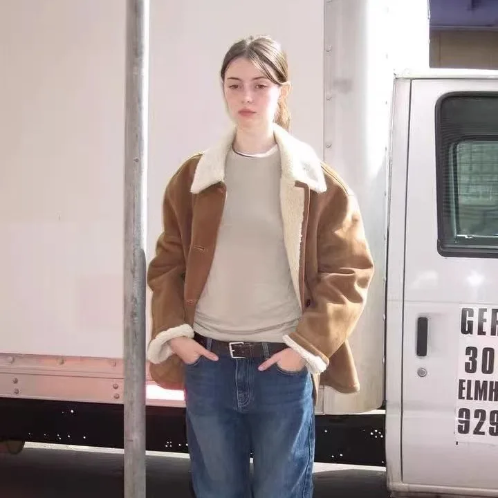 Warmth Inteated Suede Mustang Jaet Classic Collar Women's Outerwear Korean Sle Loose Fit Long Sve Button Closure