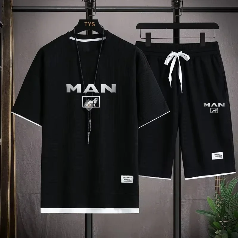 

Men's Mesh 2DT-shirt Sweatpants Suit Summer Fashion Casual Short-sleeved T-shirt Sportswear Outdoor Street Two-piece Set