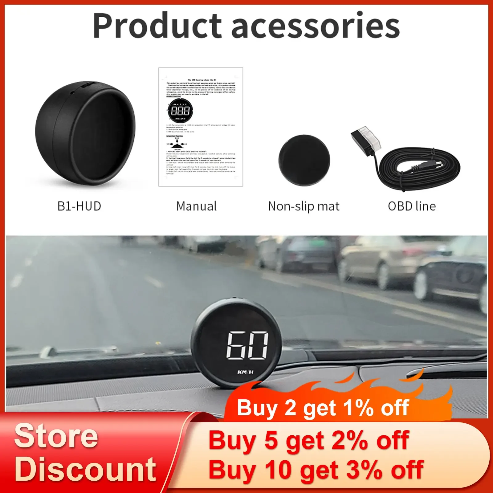 QC Head Up Display B1 HUD OBD2 Digital Gauge Speedometer Water Temp Voltmeter Speed RPM Fuel Consumption with Overspeed Alarm