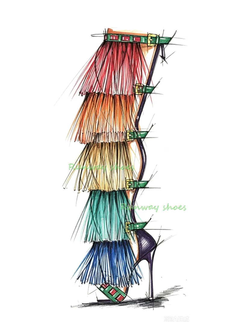 Rainbow Gradient Tassel Over The Knee High-Heeled Boots Stage Performance Party Roman Sandals Gladiator Luxury High Heels 2026