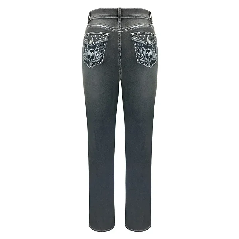 American Skull Embroidered Rhinestone Slim Jeans Fashion Harajuku Trend Y2K Women Casual Street Hip Hop High Street Y2k Pants