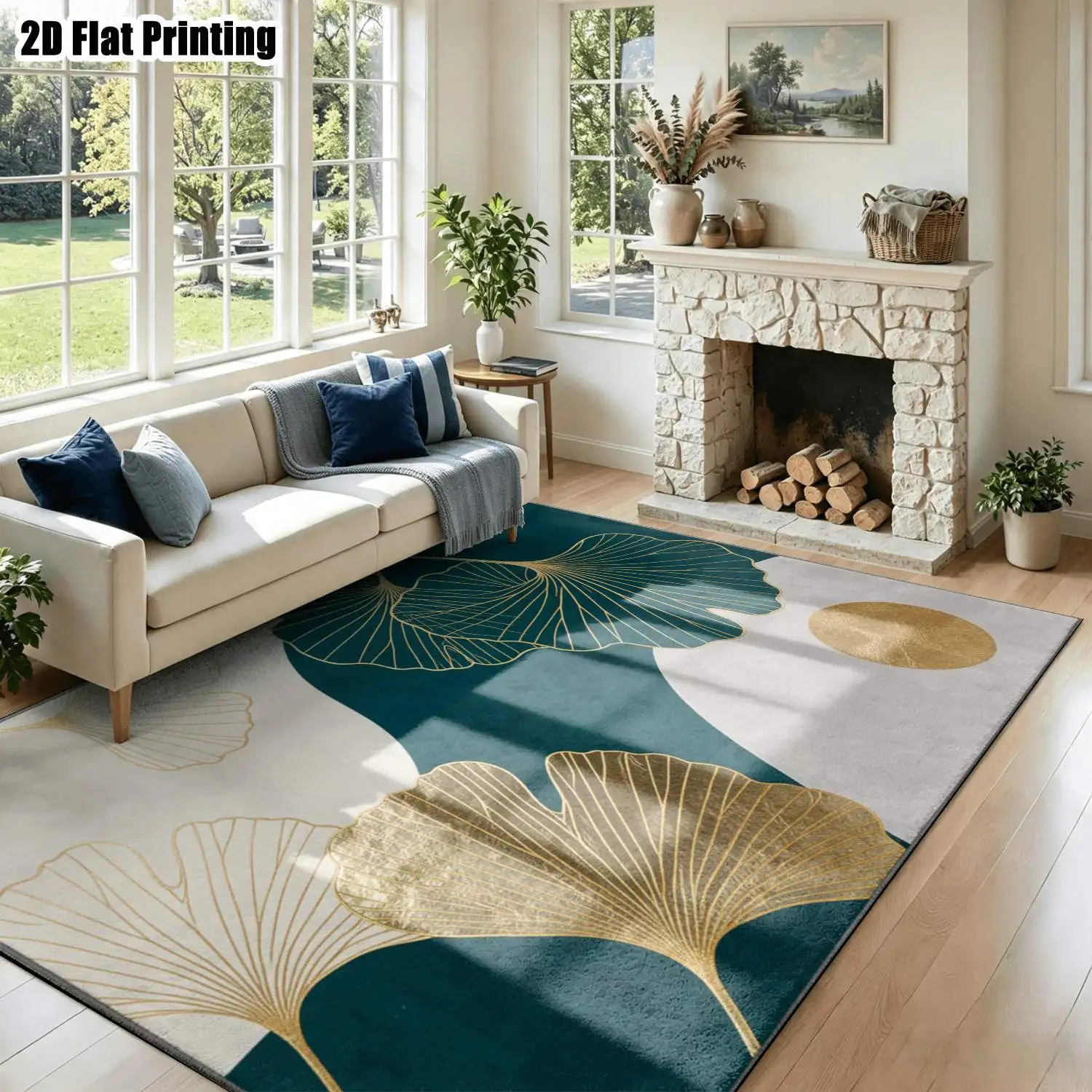 1Pc 2D Printed Carpet: Dark Green & Gold Ginkgo Leaf Pattern, Modern Minimalist Nordic Geometric Art Rug, Home Decor, Multi-Size, Machine Washable, Ideal for Entryway, Dining Room, Foyer, Living Room, Bedroom