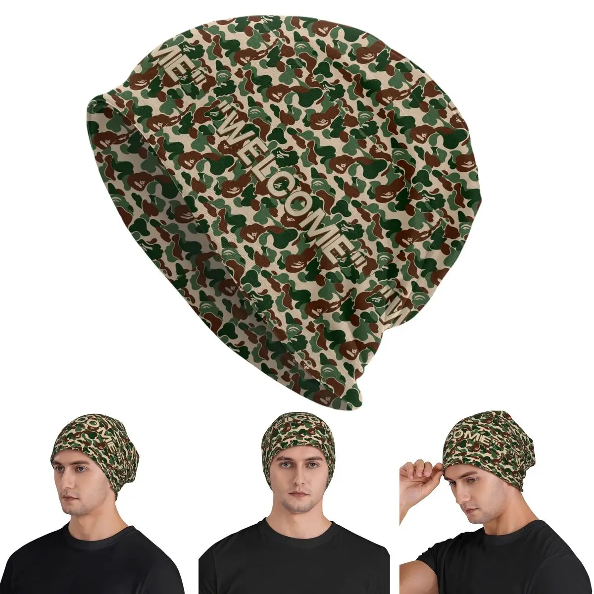 WELCOME Green Camouflage Background Warm Knitted Cap Hip Hop Bonnet Hat Autumn Winter Outdoor Beanies Hats for Unisex Adult