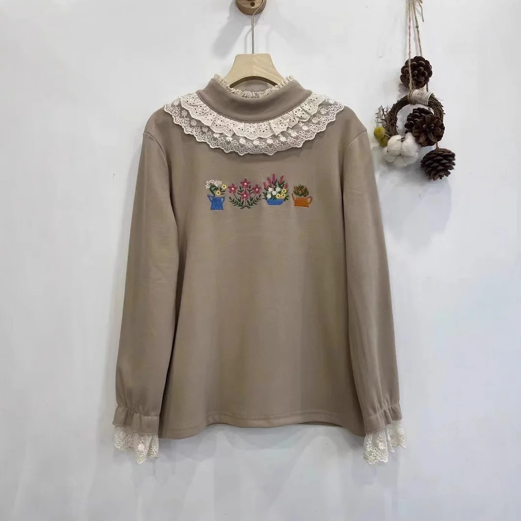 Sweet Mori Girl Lace Embroidery Patchwork Cotton T-Shirts Women Japanese Style Turtleneck Long Sleeve Casual Strecth Tops