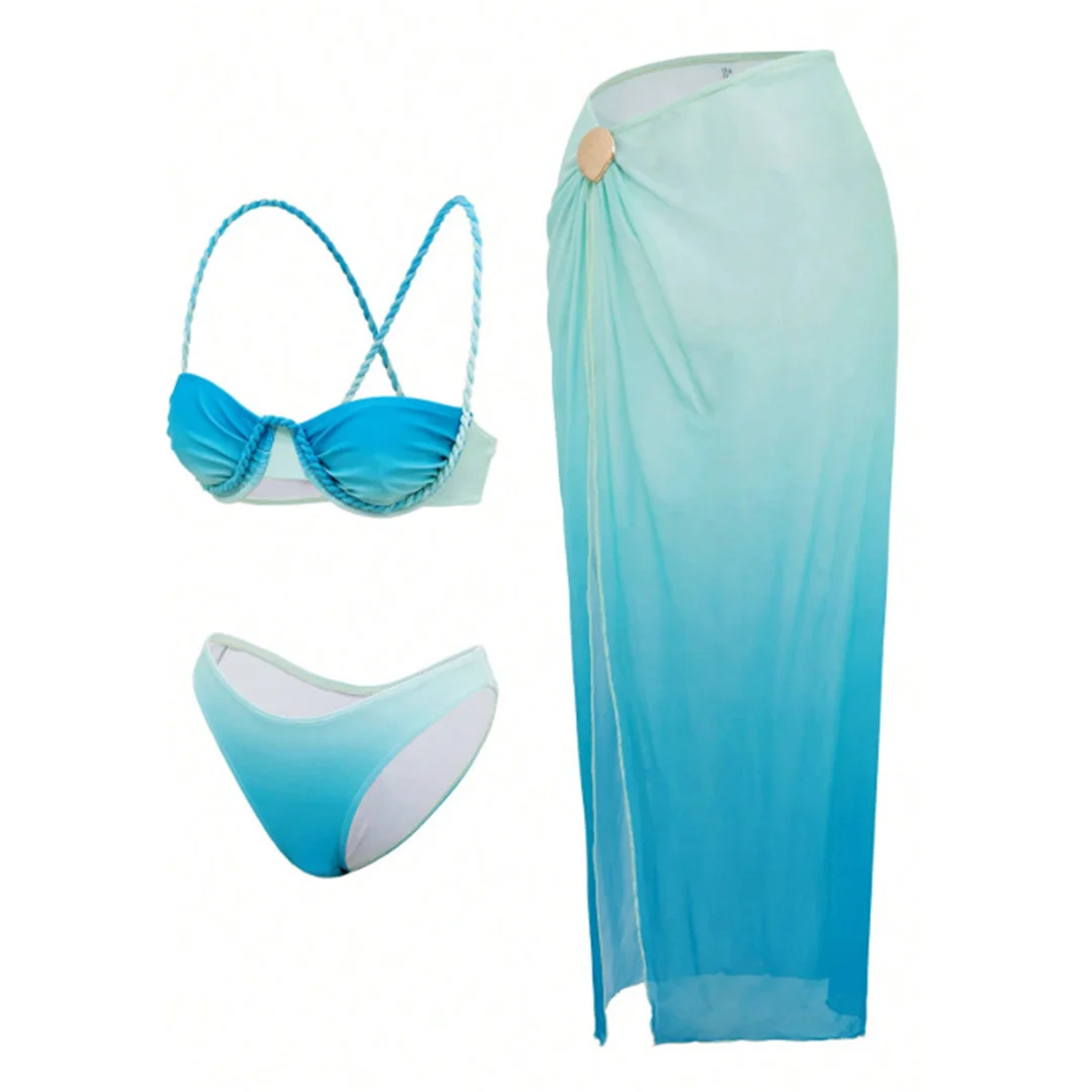 S - XL 3-teiliges Set mit Rock, Bügel-Bikini, Damen-Badebekleidung, Badeanzug, dreiteiliges Bikini-Set, Badeanzug, Schwimmbekleidung V7704 – Detail 7