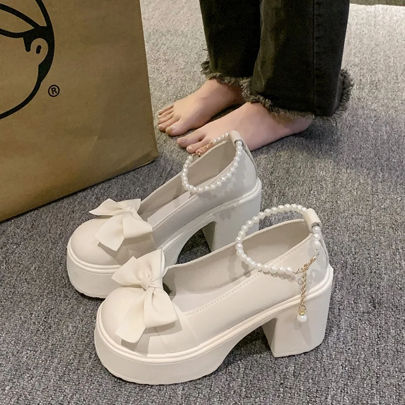 Women Thick Platform Mary Janes Lolita Shoes Party Pumps Summer 2024 Sandals Bow Chain Mujer Shoes Fashion Oxford Zapatos Q15