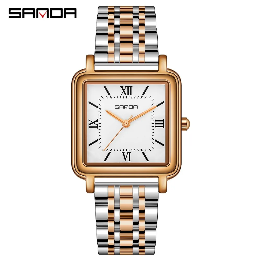 Fashion Sanda Top Brand Ladies Watch Stainless Steel Luxury Woman Square Simple Rose Gold Quartz Wristwatch Relojes Para Mujer