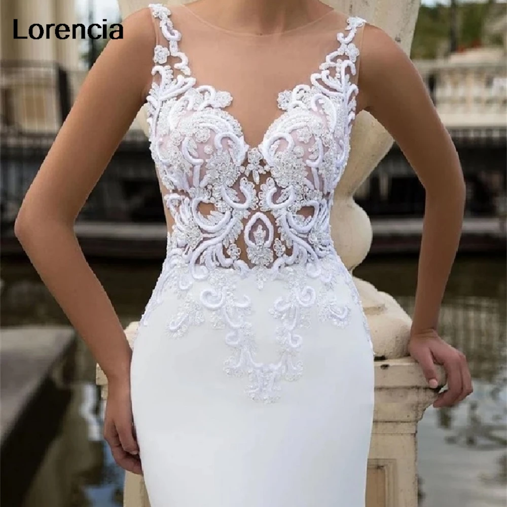 ที่กําหนดเอง Elegant Mermaid ชุดแต่งงานลูกไม้ V คอ Appliques ประดับด้วยลูกปัดชีฟองชุดเจ้าสาวชุดเจ้าสาว Vestido De Noiva YMW188