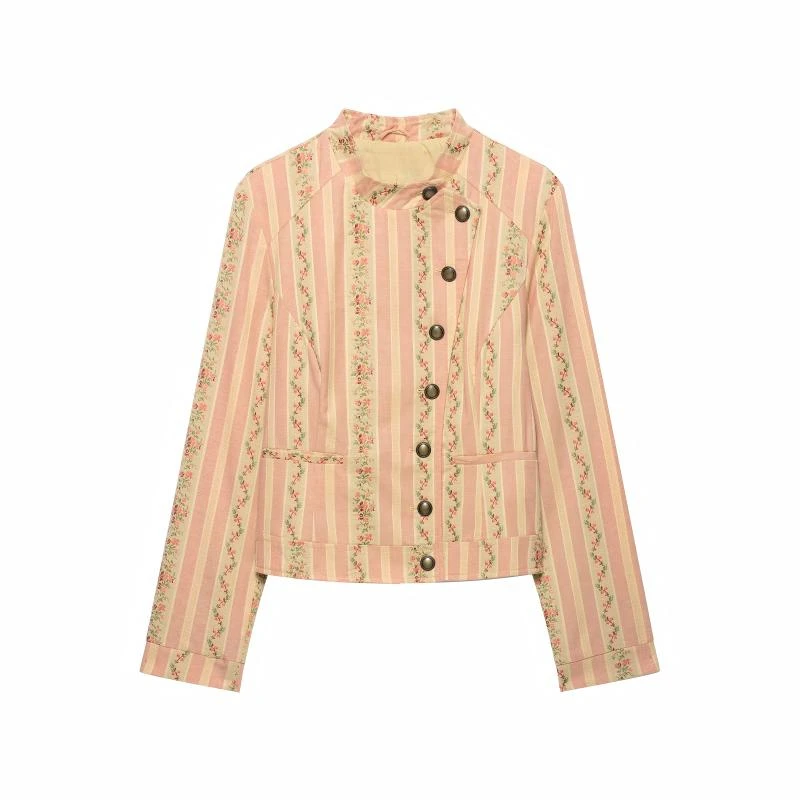 Women's New Jacquard Striped Floral Jacket 2026 Spring and Autumn Collection Multicolor Button Design Western Casual Daily