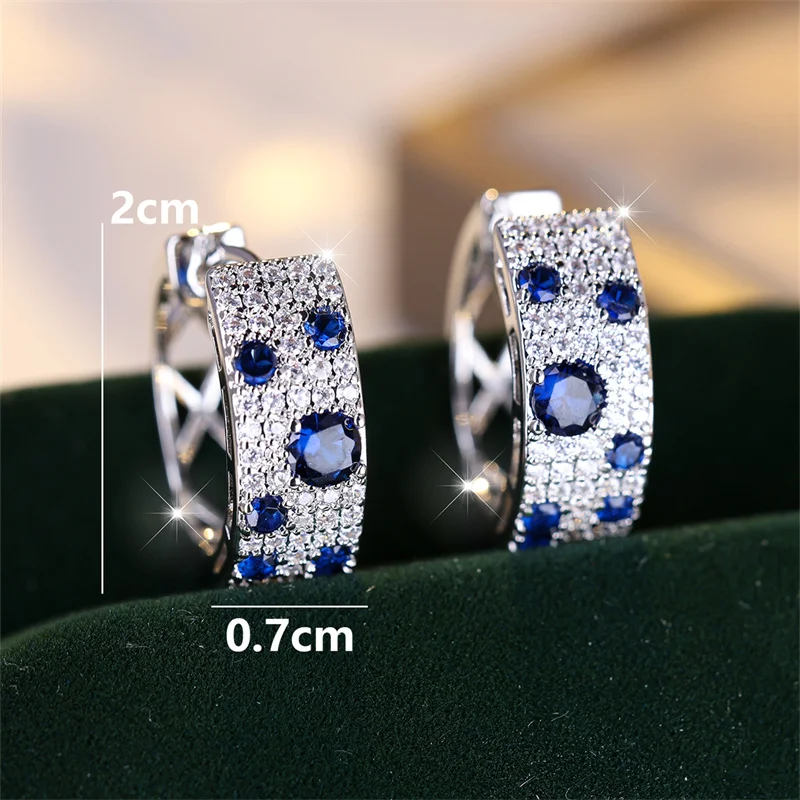 Luxury Female Blue Zircon Stone Clip Earrings Trendy Silver Color Wedding Jewelry Gift For Women