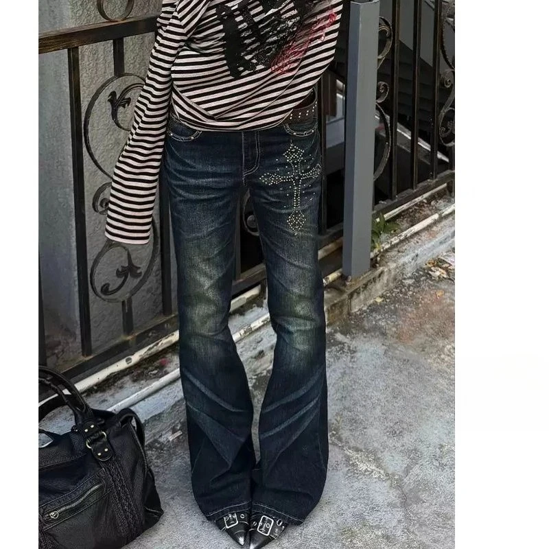 Y2K Gothic Low Waist Flare Jeans Women Vintage Distressed Cross Patch Denim Pants Punk Grunge Slim Bottom Trousers 2000s Style