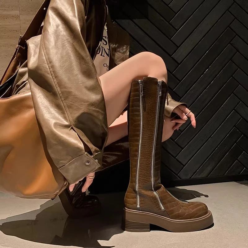 Fashion Zipper Trendy Knight Boots Women Shoes Genuine Leather Knee-high Riding Boots Thick-heel Casual Height-increasing