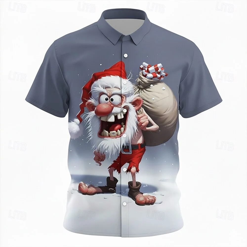 

Christmas Men's Cartoon Santa Claus Snowflake Shirt short Sleeve Fun Outdoor Festival Spring and Autumn 3D Printed Lapel Shir to