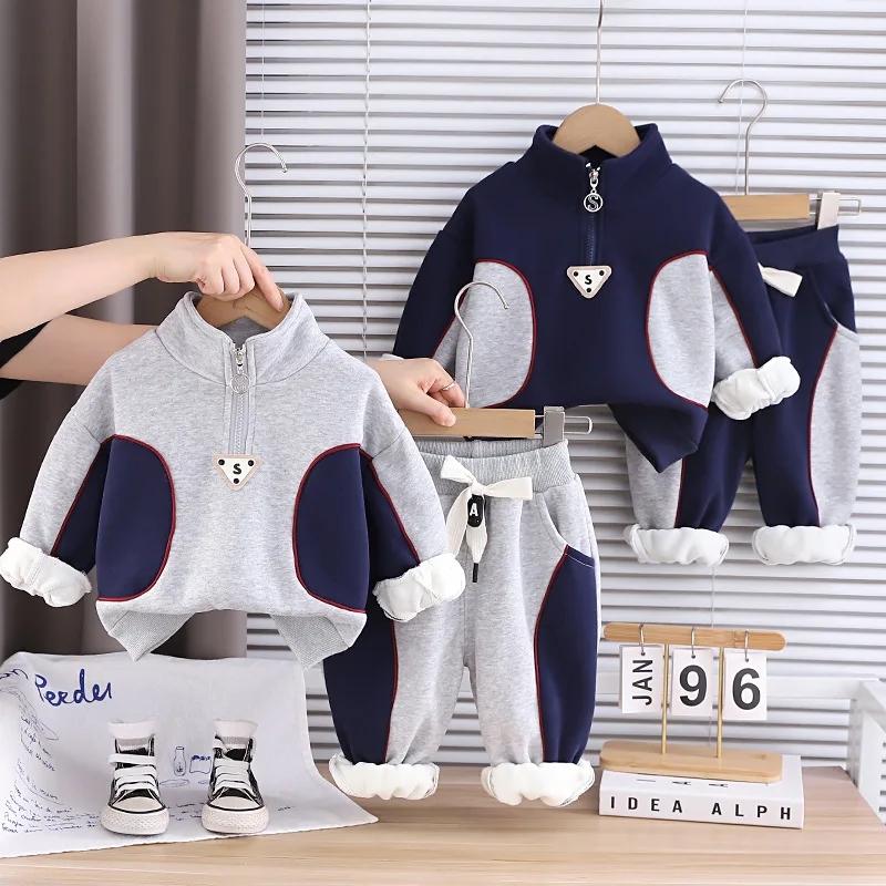 Winter Boy's Warm Set New Kids' Stand-Up Collar Half-Zip Tops Two-Piece Outfit Children's Clothing Girls Sweatshirts Pants