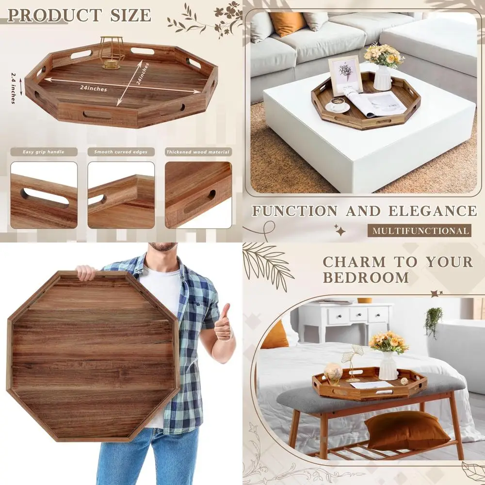 

Большой восьмиугольный сервировочный поднос из дерева акации с ручками, идеально подходит для гостиной, журнального столика и завтрака в кровати, декоративных фруктов