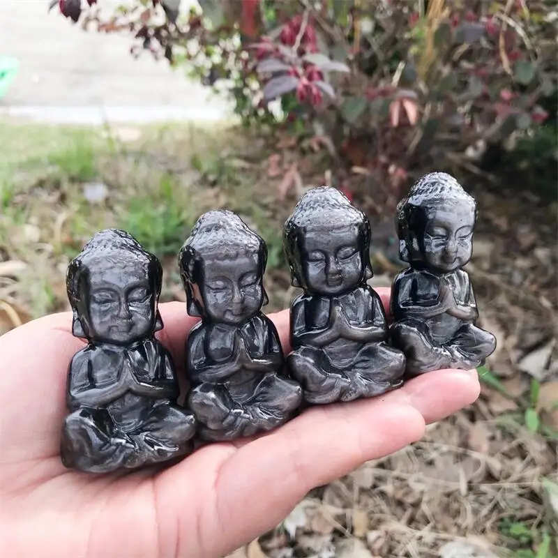 

6CM Natural Silver Obsidian Buddha Carving Quartz Healing Crystal Stone Cute Birthday Present Home Decoration 1PCS