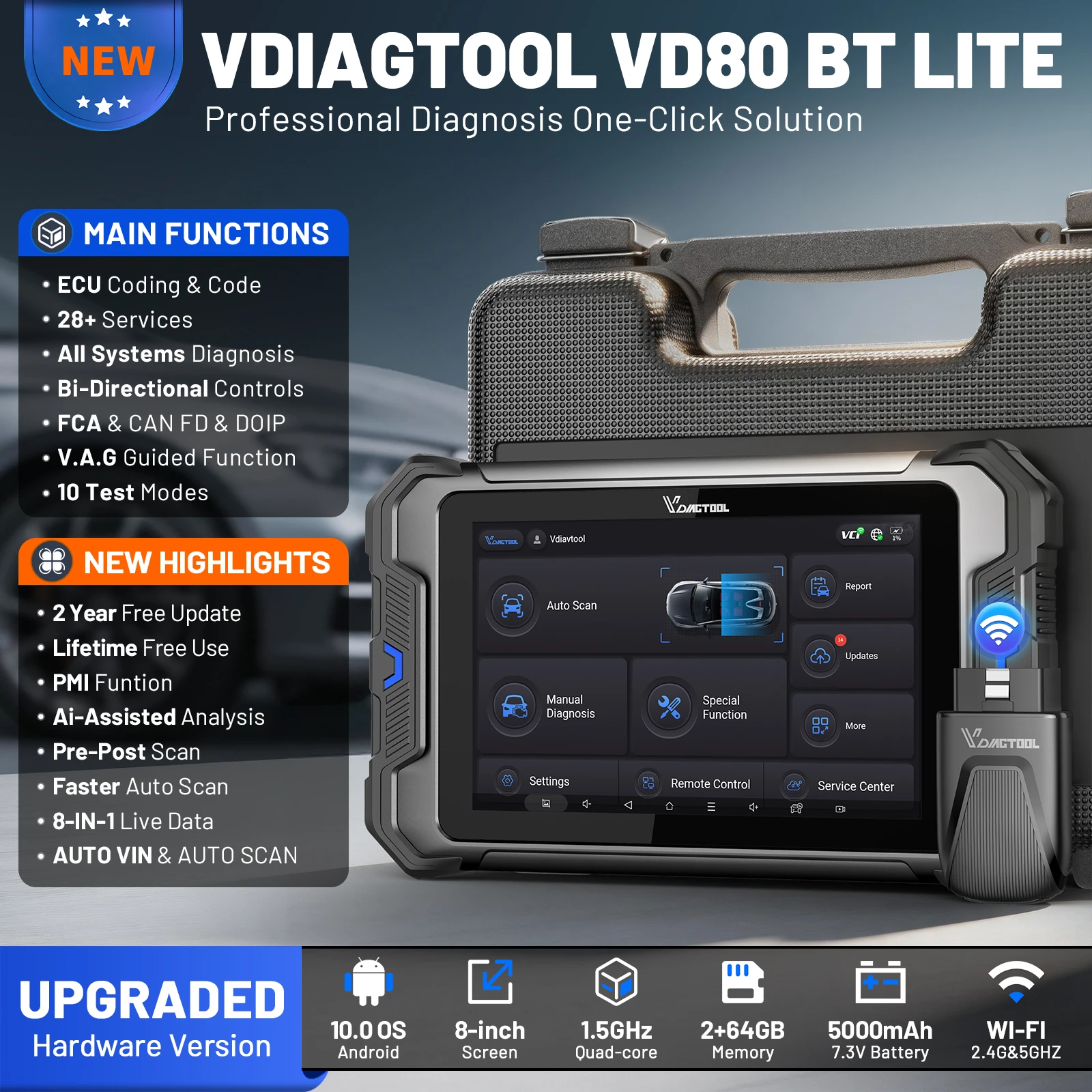 EU Stock VDIAGTOOL VD80BT Lite Automotive Mechanic Tools OBD2 Vehicle Diagnostic Scanner ECU Coding Throttle Matching Tool