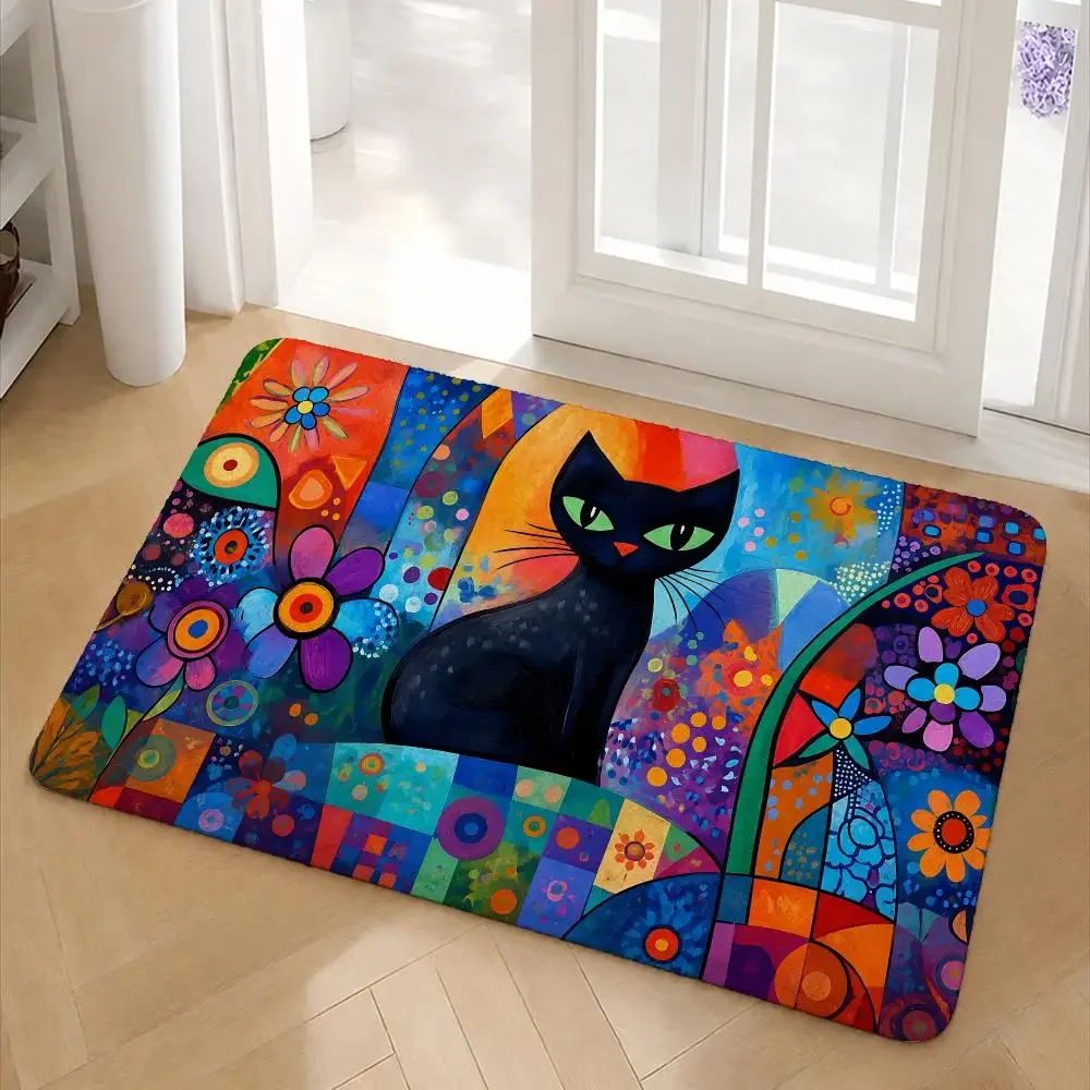 Abstract Black Cat Geometric Print Floor Mat Flannel Door Mat Non-Slip Washable Foam Entryway Rug for Bathroom Bedroom Entryway