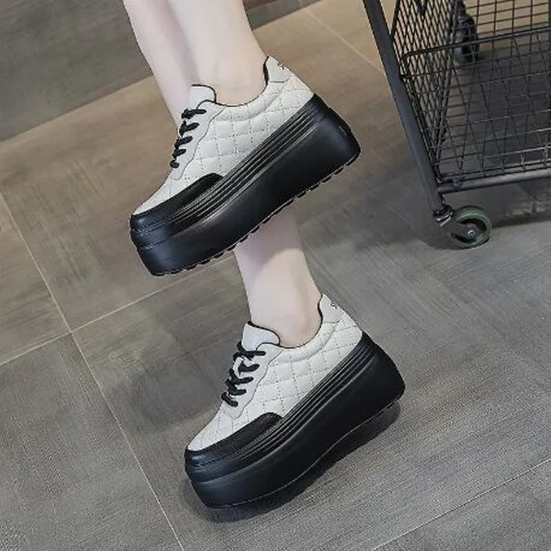

New 8cm Sewing Genuine Leather Platform Wedge Ankle Boots Chunky Sneakers Women Comfy 2026 Spring Autumn Supportive Pumps Shoes