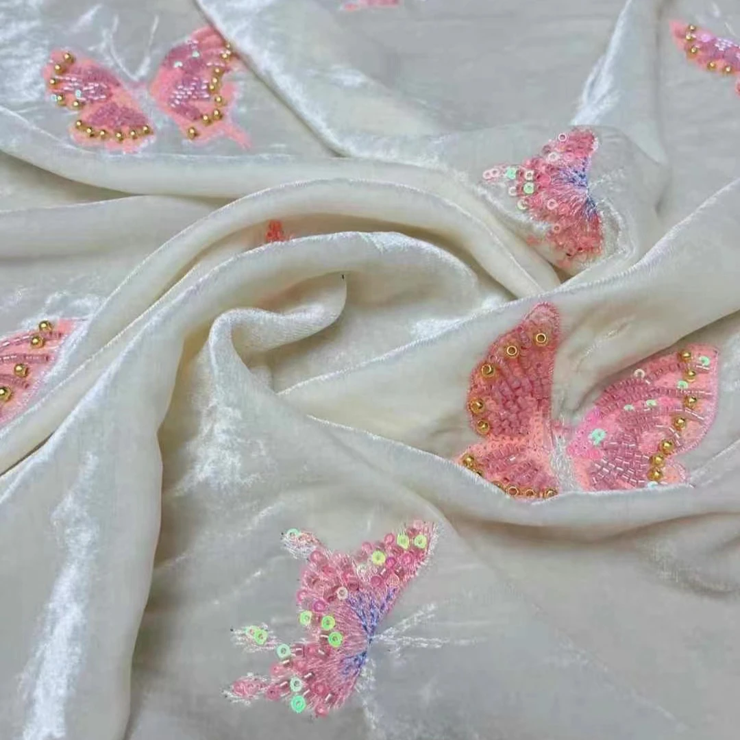 135CM Wide Silk Velvet Fabric for Autumn Winter White Dress Jacket Pink Butterfly Beading Sequins DIY Sewing Material R1412