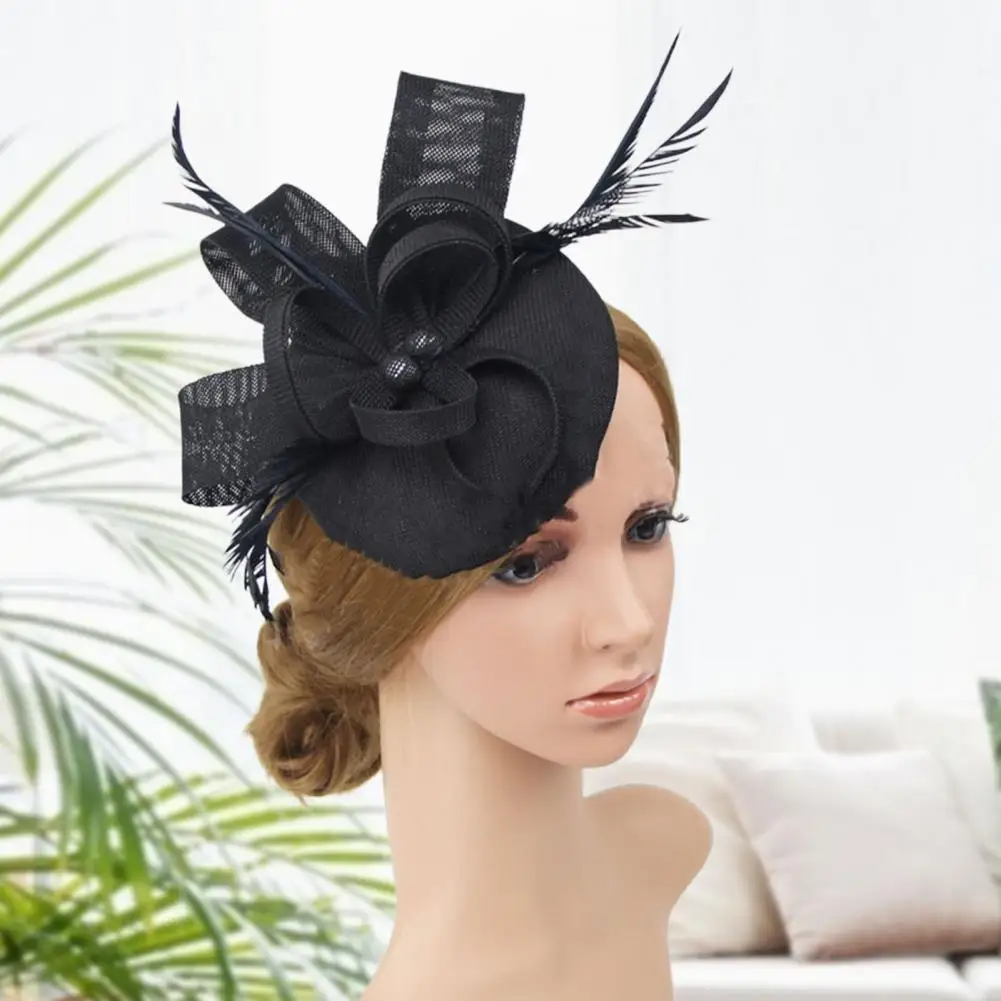 Faux Feather Fascinator Hat Net Yarn Hat Shape Bow Mesh Mini Beret Hat Headdress