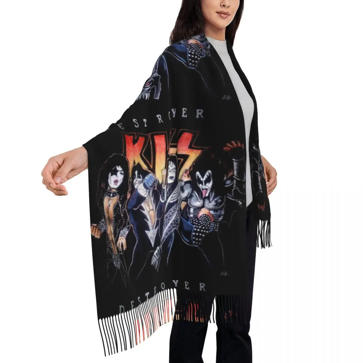 

Kiss Rock Band Retor Шарф Шарфы с кисточками для женщин Мягкие теплые шали и накидки Большая осенне-зимняя шаль