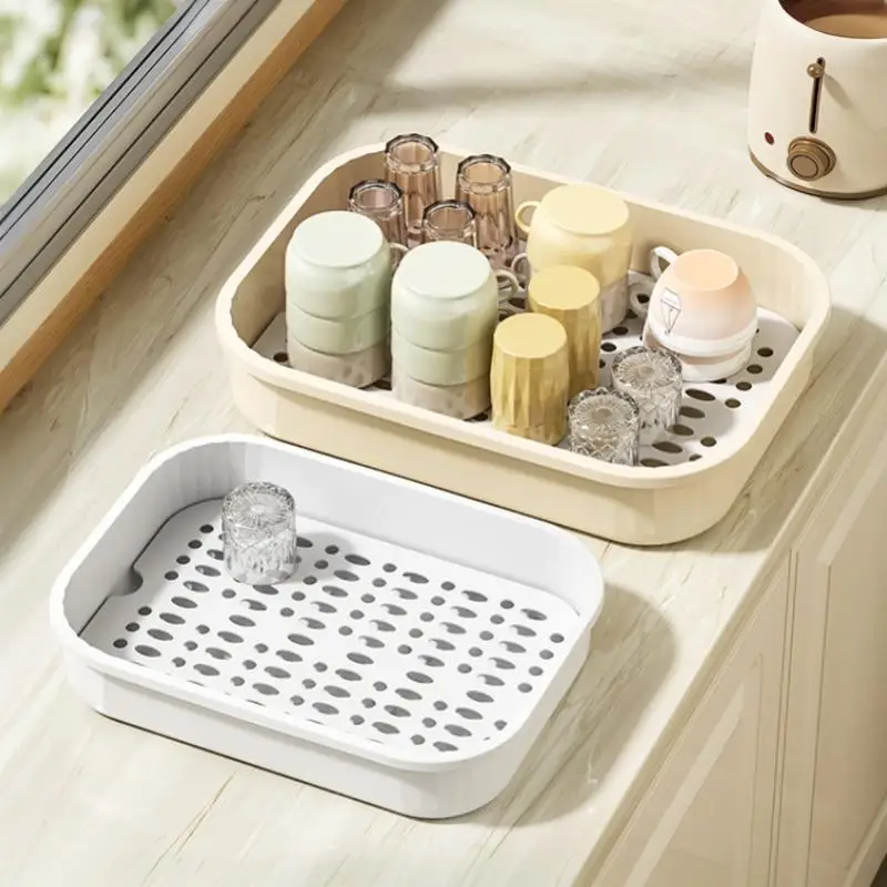 Double Layer Kitchen Countertop Drain Tray Large Capacity Stackable Drying Rack for Cup Dish Storage
