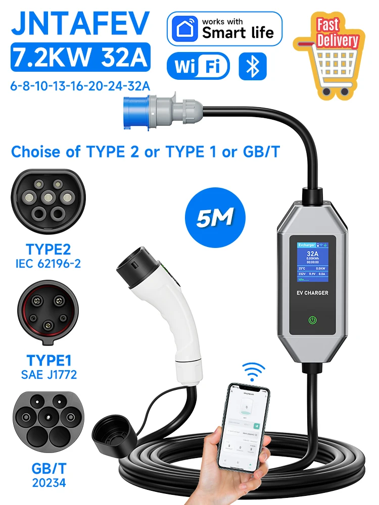 JNTAFEV Tragbares Ladegerät 7,2KW 32A Typ2 IEC62196-2 Elektrofahrzeug-Ladegerät Typ1 J1772 Wallbox GB/T CEE-Stecker WLAN-App-Steuerung