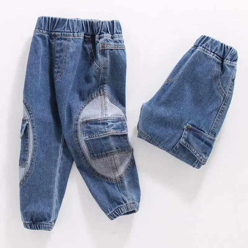Children's Elastic Waist Jeans , Autumn Spring Comfortable Pocket Denim Pant For Boys , Kid's Casual Trousers Clothes H2-26