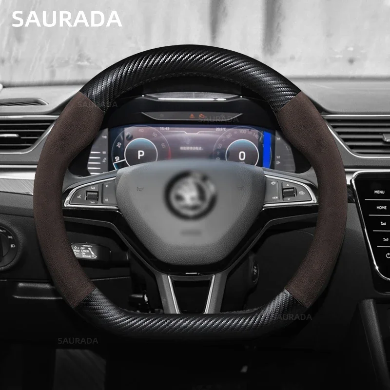 For Skoda Fabia 1 2 3 MK1 MK2 MK3 6Y 6Y2 6Y3 6Y5 NJ NJ3 NJ5 2001-2021 2022 Anti-slip 38cm Carbon Fiber Car Steering Wheel Cover