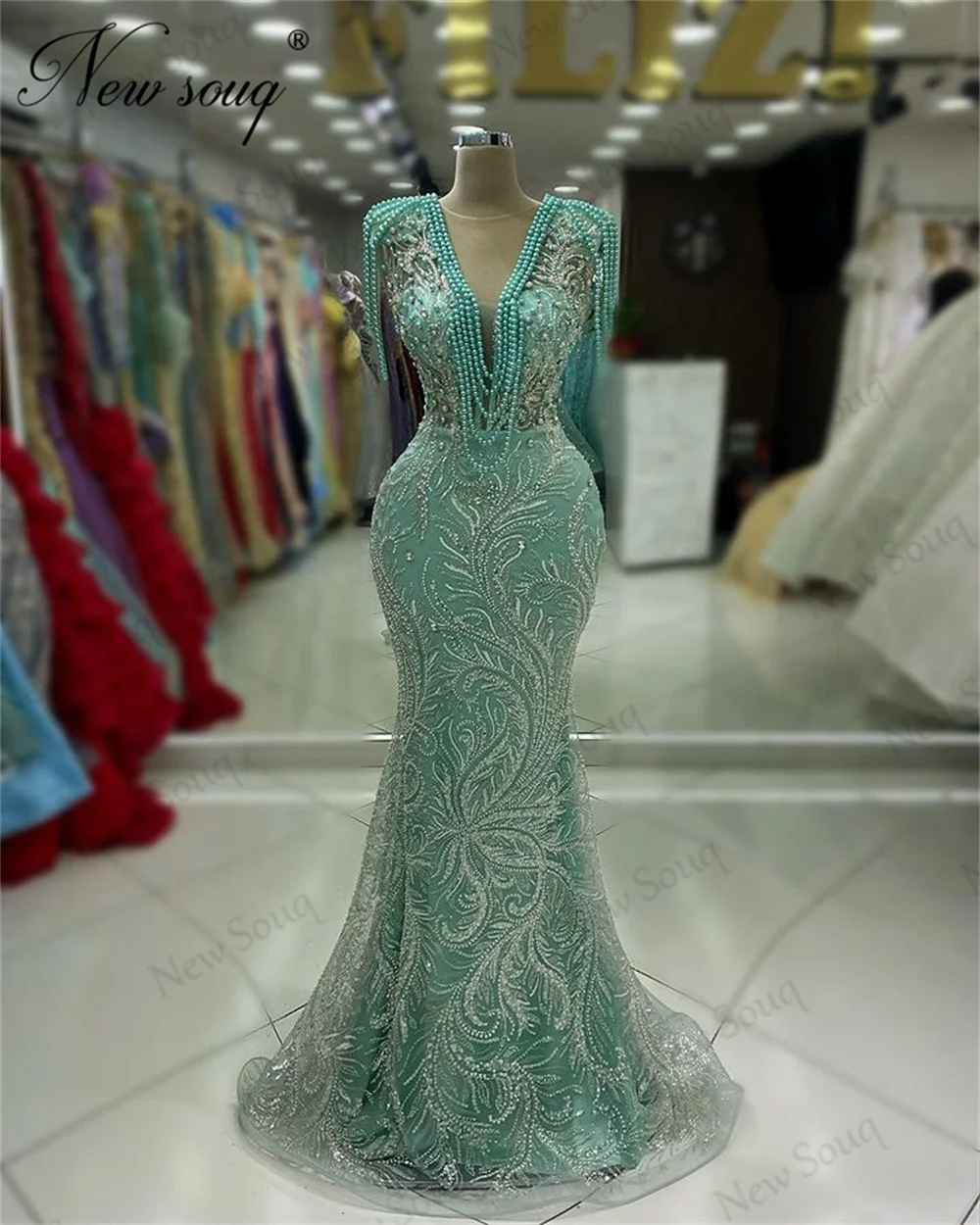 

Mint Green Mermaid Evening Dresses Plus Size Pearls Diamonds Women Prom Dress Vestidos De Festa Cocktail Party Dress For Wedding