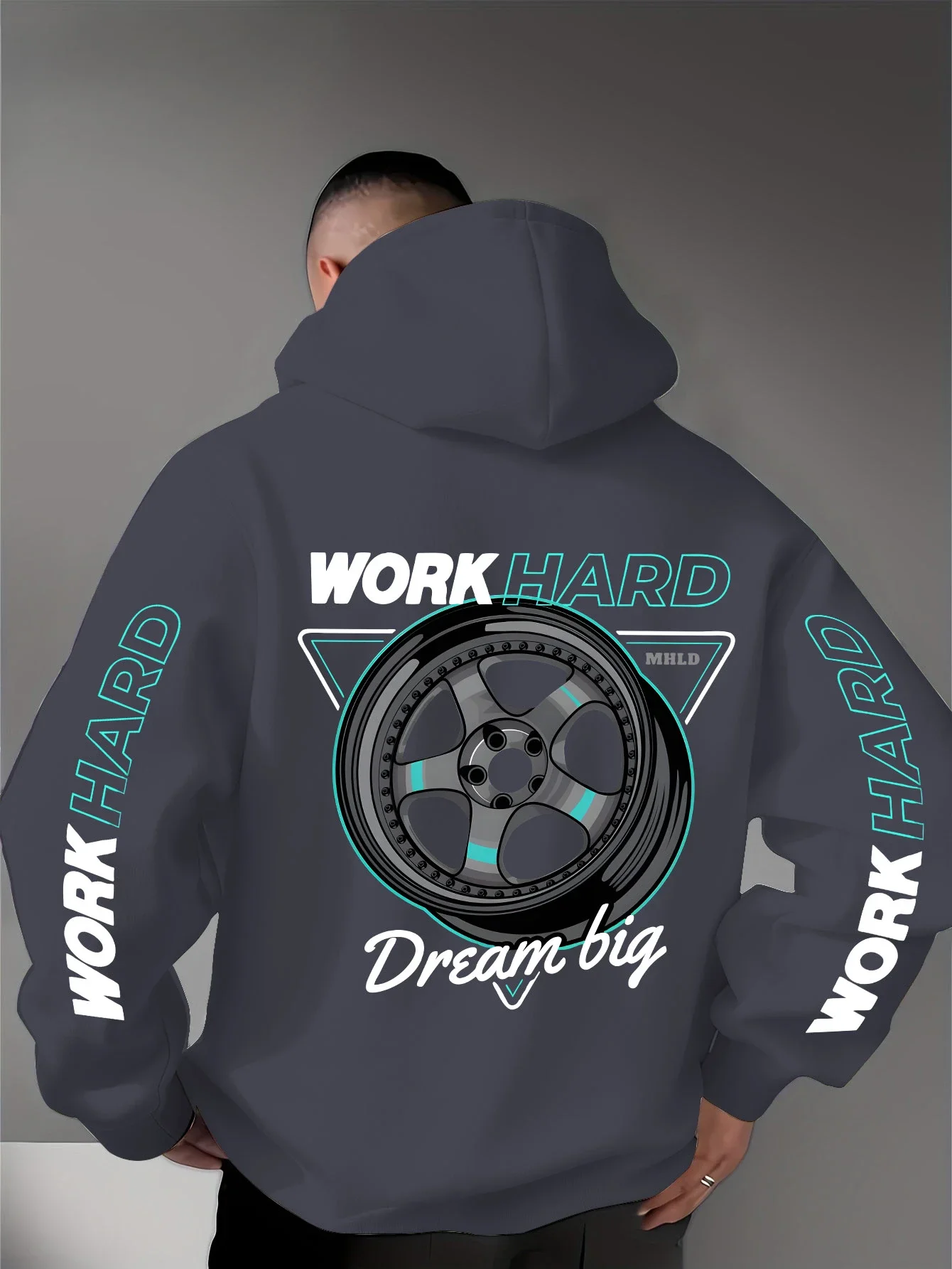 Korea US Hot Selling Car Wheel Graphic Hoodie Work Hard Dream Big Print Pullover Hoodie Unisex Loose Hoody