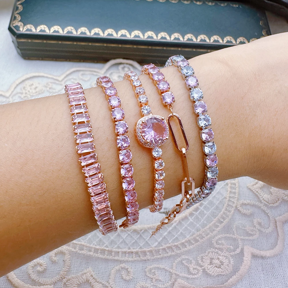 Rosa Handkette für Frauen Tennis-Armband Luxuriöses Glänzendes Kubisches Zirkonia Roségold-Farbiges Stern-Armband Y2k Rosa Armreif Weihnachtsgeschenk – Detail 3