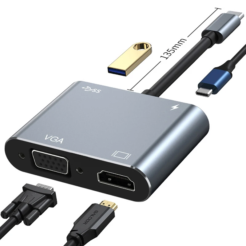 

USB-C хаб 4-в-1 с поддержкой 4K HDMI, VGA, USB 3.0 и зарядкой PD 100 Вт | Универсальная док-станция для MacBook и ноутбуков